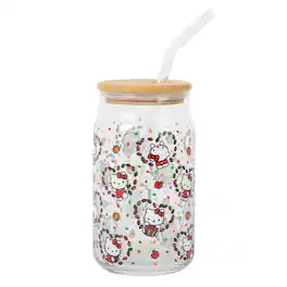 Silver Buffalo - Sanrio Hello Kitty Fall Leaves 16-Ounce Glass Tumbler With Bamboo Lid and Straw - White