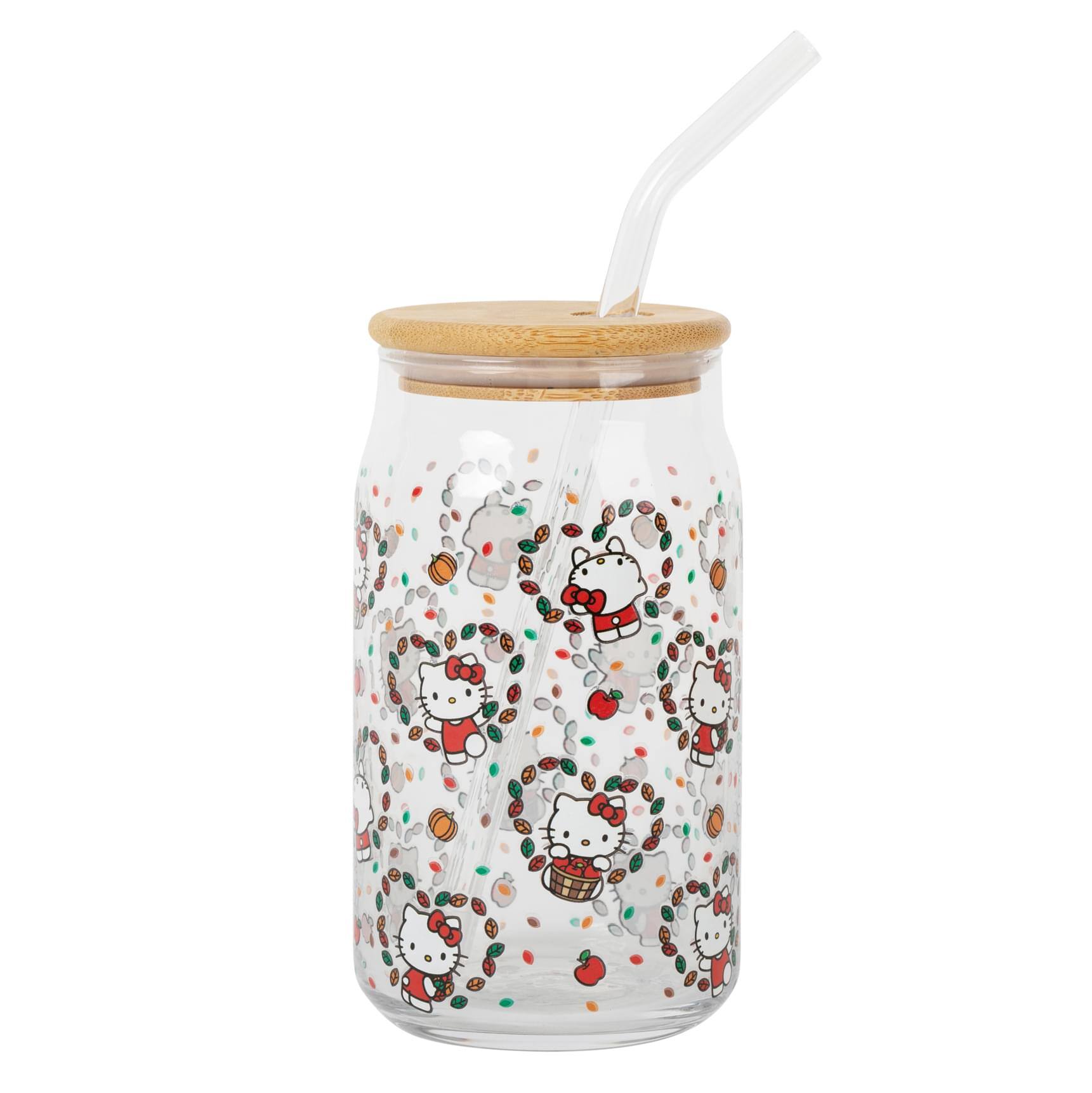 Front. Silver Buffalo - Sanrio Hello Kitty Fall Leaves 16-Ounce Glass Tumbler With Bamboo Lid and Straw - White.