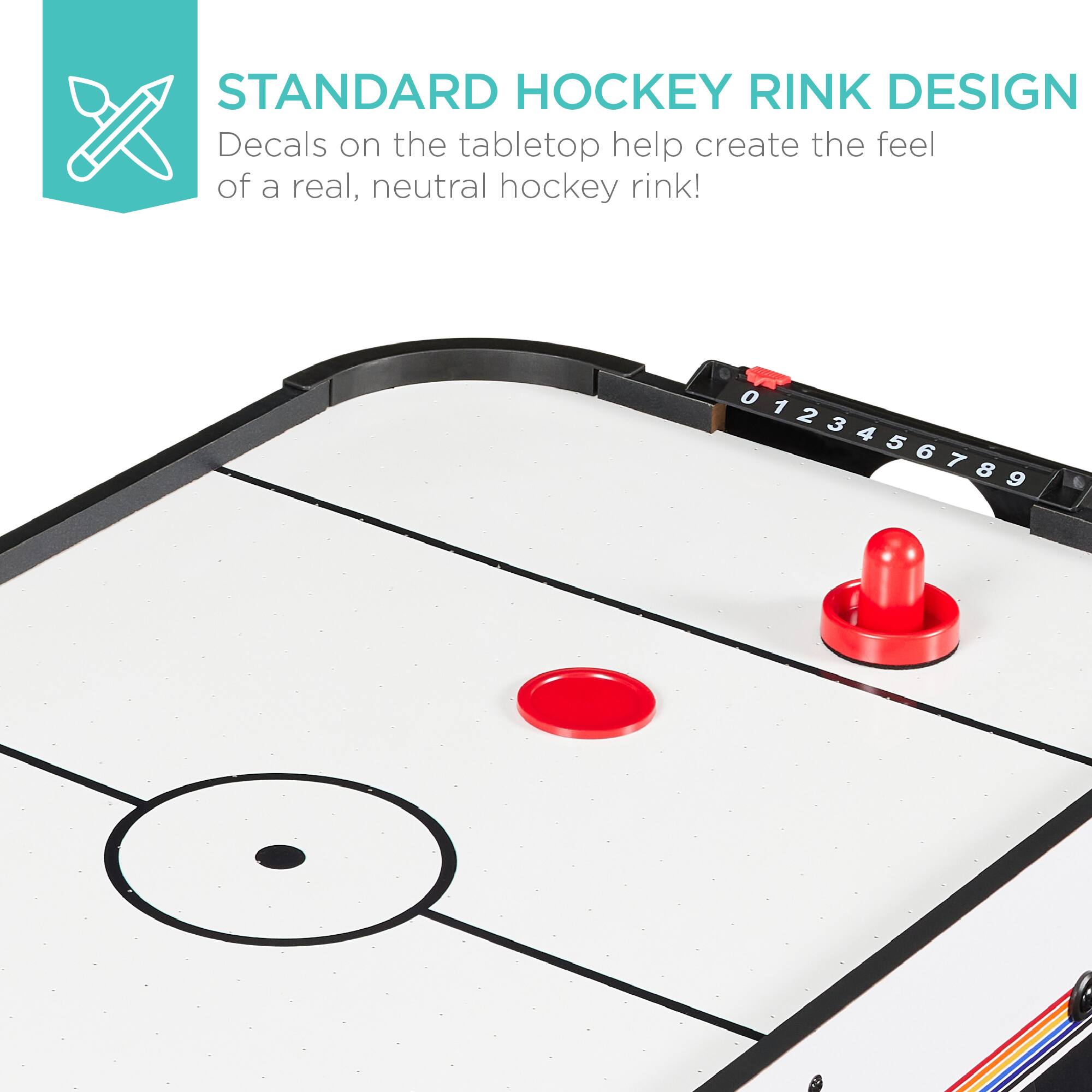 STANDARD HOCKEY RINK DESIGN  
Decals on the tabletop help create the feel of a real, neutral hockey rink!