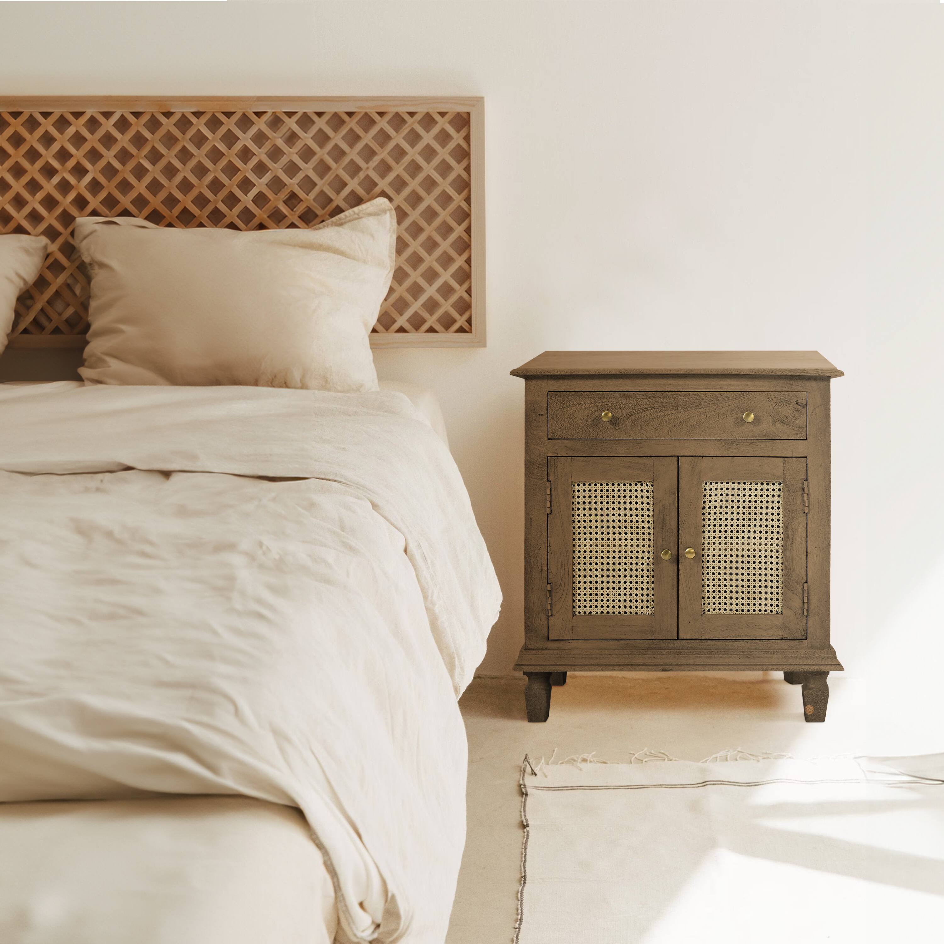 Alt View 10. Manhattan Lane - 30 Inch Nightstand Table, Rattan Cabinet Doors and Drawer Fronts, Sandblasted Brown Mango Wood - Brown.