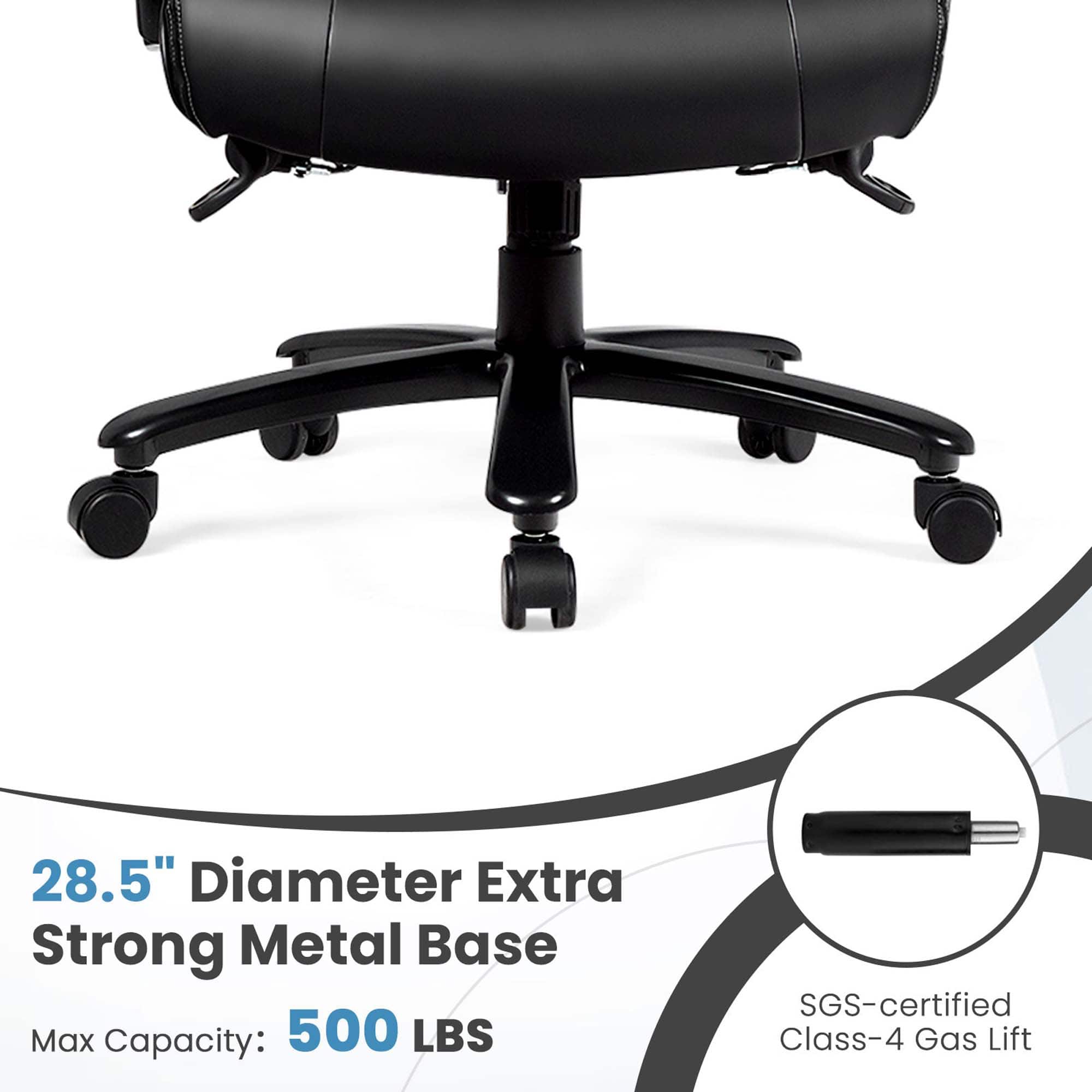 The image features a black office chair with a strong metal base. The chair has a 28.5" diameter and can hold a maximum capacity of 500 lbs. The base is SGS-certified, ensuring its quality and safety. The chair is designed with a gas lift, which provides additional support and comfort for the user.