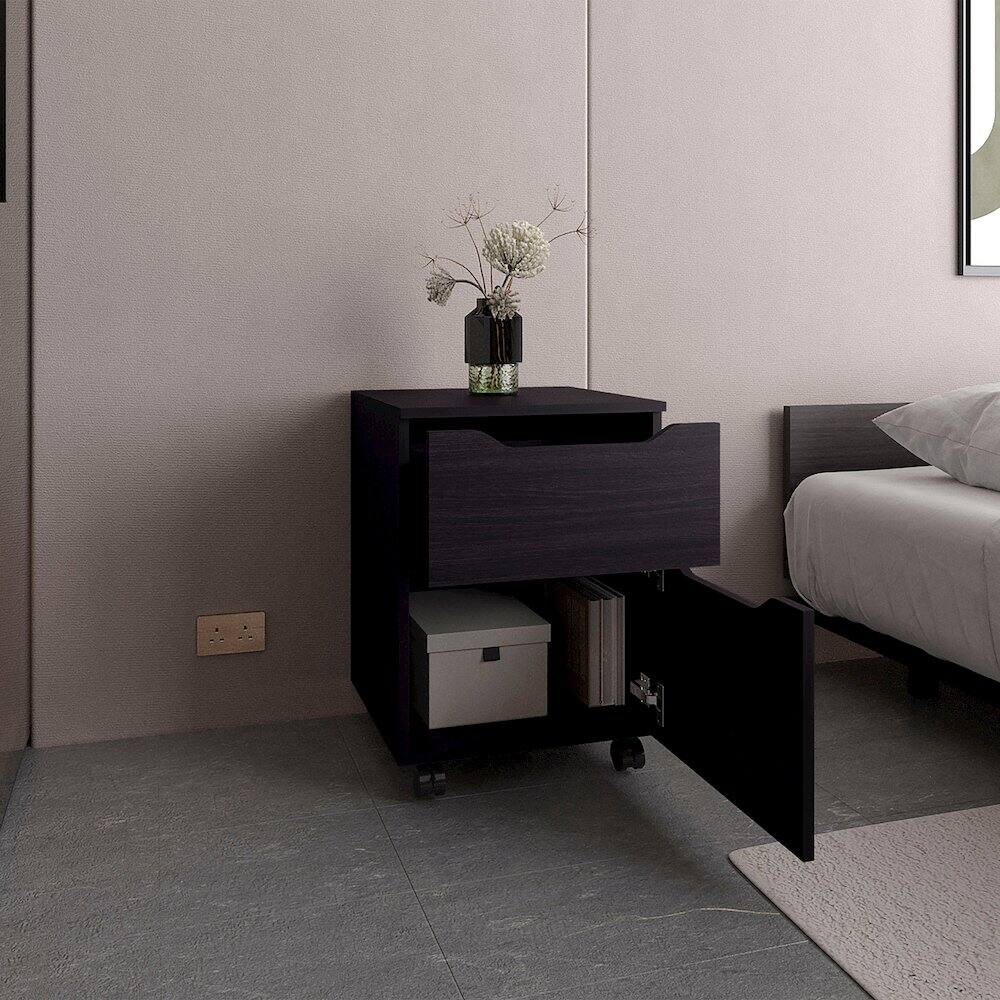 Alt View 4. TuHome - Open Shelves Nightstand With One Door, Bedside Table For Bedroom Storage, Black - Black.