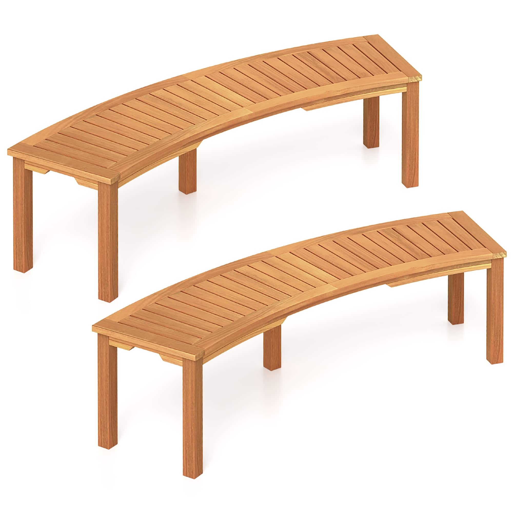 Gymax- Set of 2 Outdoor Curved Bench w/ Slatted Seat Solid Acacia Wood for Yard- Natural