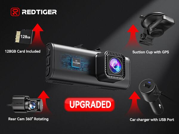 REDTIGER 128GB Card Included Suction Cup with GPS UPGRADED Rear Cam 360° Rotating Car charger with USB Port