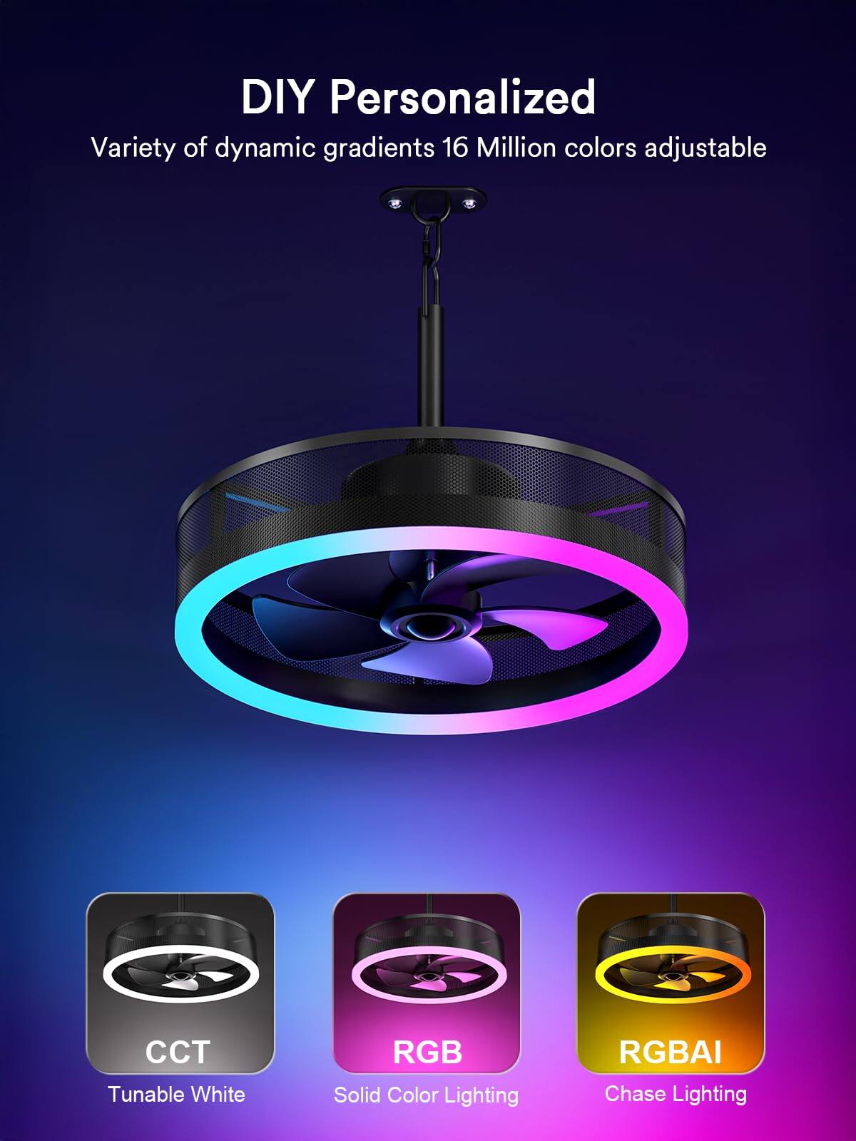 DIY Personalized  
Variety of dynamic gradients 16 Million colors adjustable  
CCT Tunable White  
RGB Solid Color Lighting  
RGBAI Chase Lighting