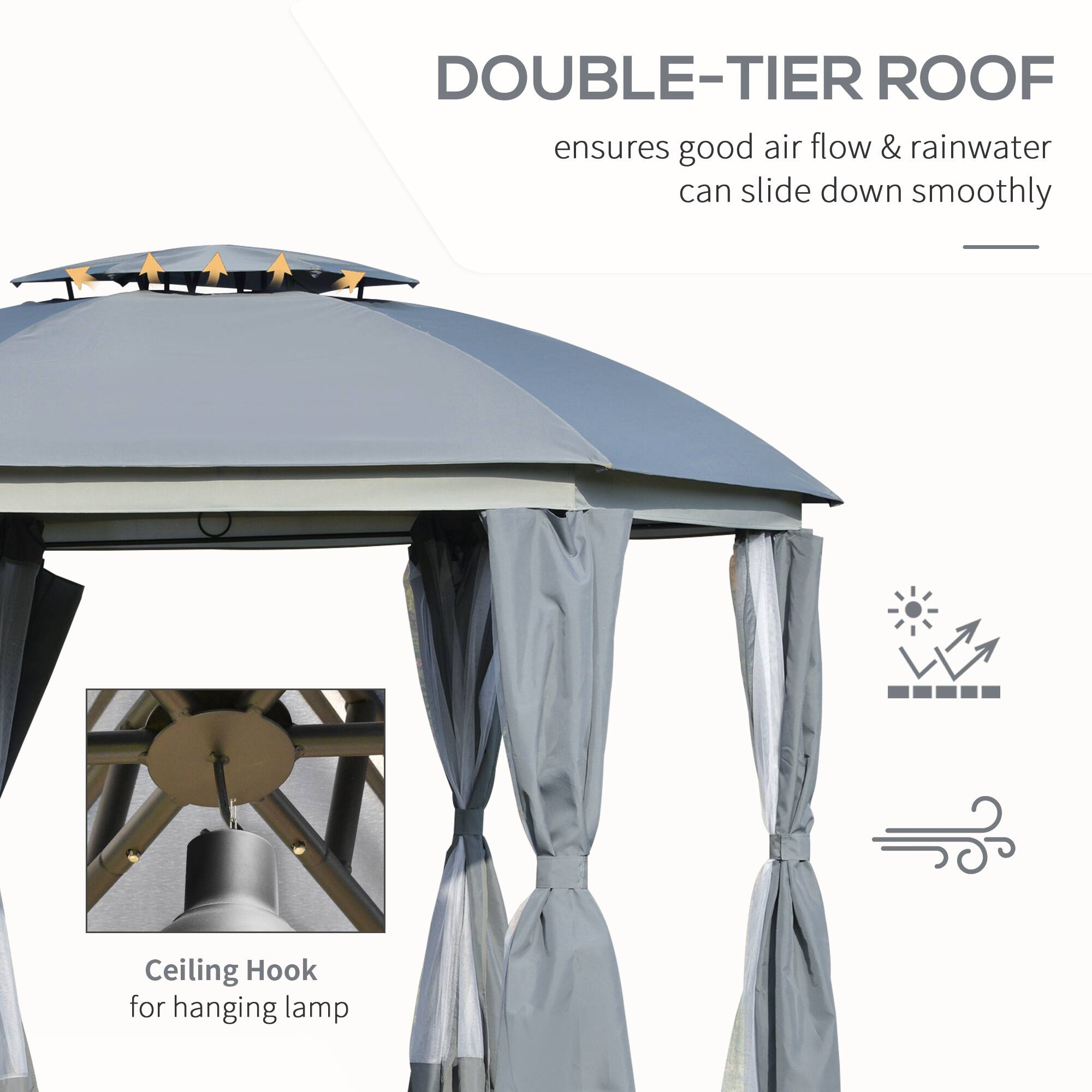 DOUBLE-TIER ROOF ensures good air flow & rainwater can slide down smoothly
Ceiling Hook for hanging lamp