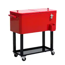 Outsunny - 80 QT Rolling Cooling Bins Ice Chest on Wheels Outdoor Stand Up Drink Cooler Cart for Party - Red