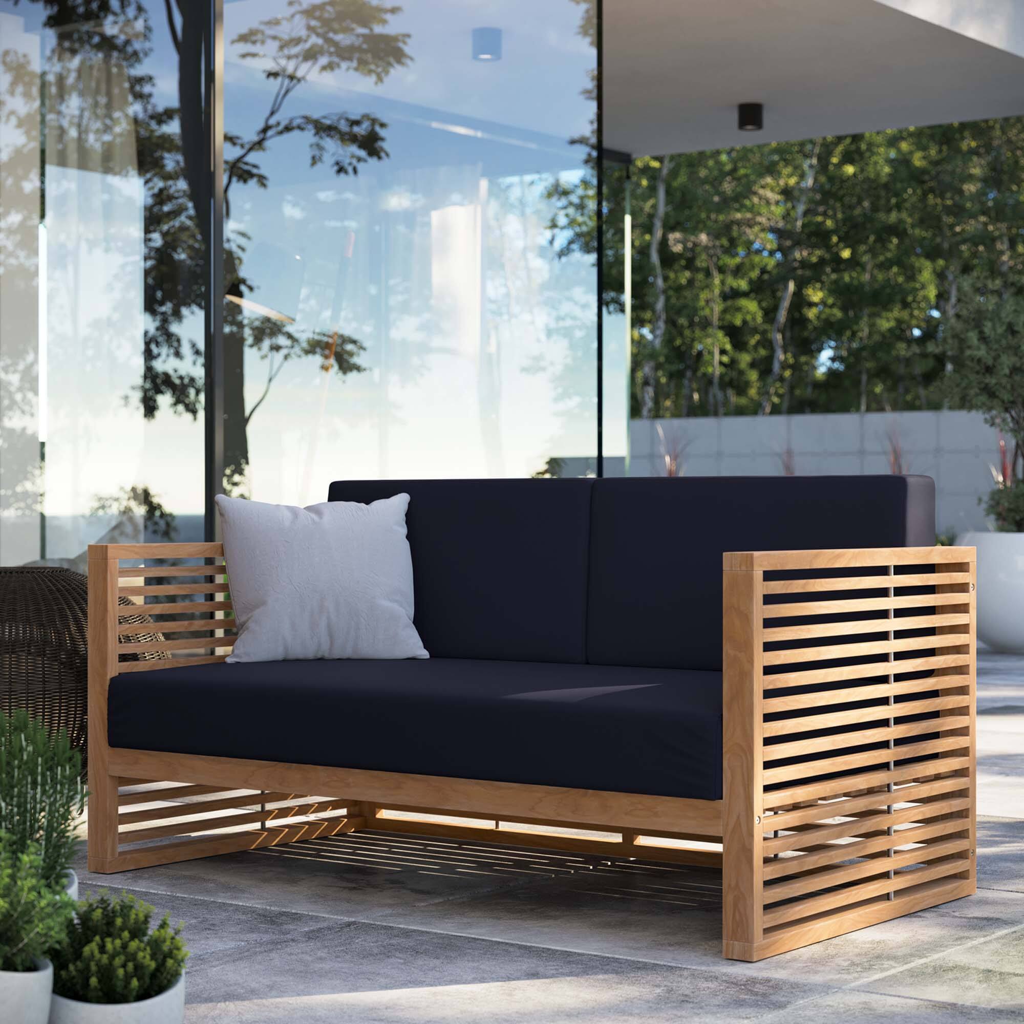Front. Modway - Carlsbad Teak Wood Outdoor Patio Loveseat by Modway - Natural Navy.