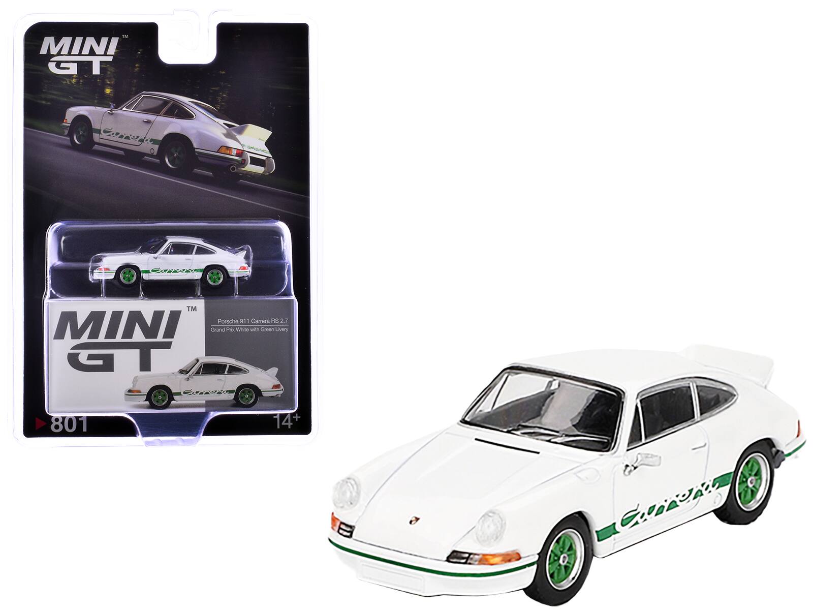 MINI GT  
Porsche 911 Carrera  
Grand Prix White with Green Livery  
RS 2.7  
14+  
801