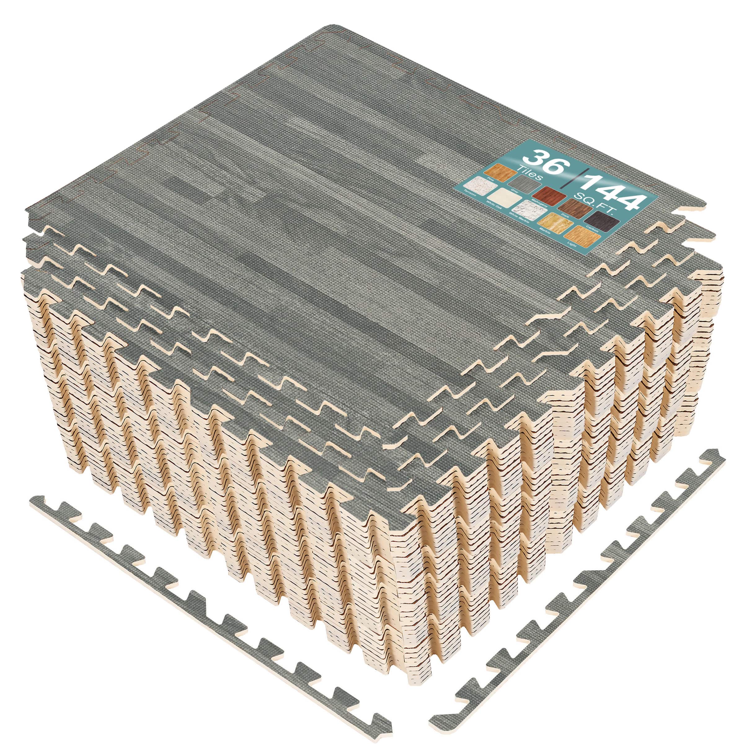 Sorbus - 3/8-Inch Thick 144 Sq. Ft. Wood Grain Floor Foam EVA Interlocking Mats Tiles w/ Borders - for Home, Trade Show - Gray