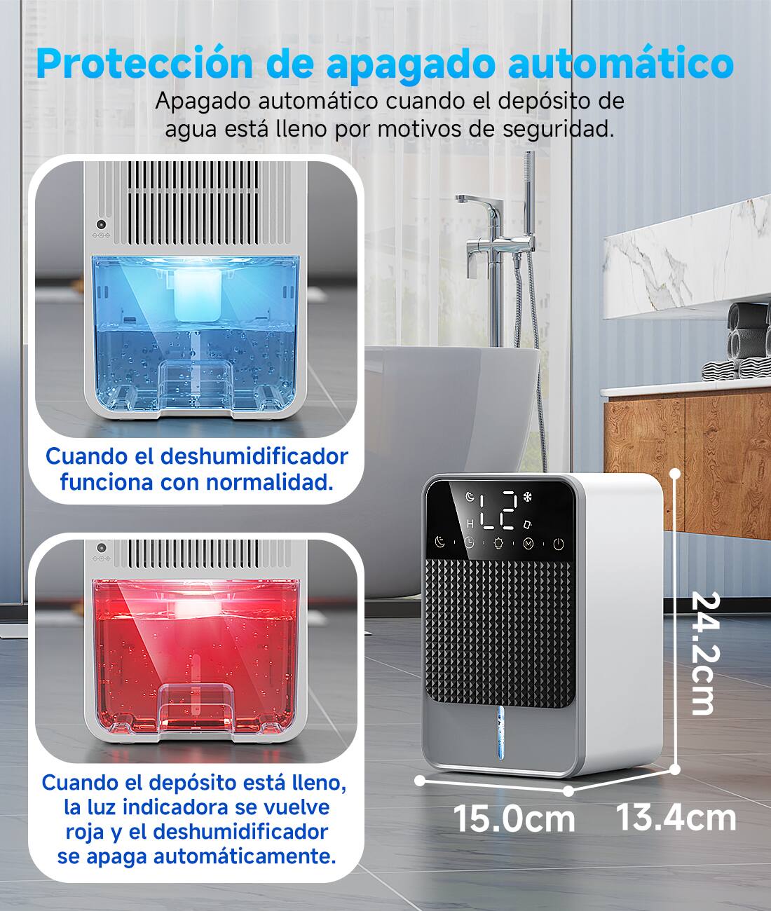 Protección de apagado automático  
Apagado automático cuando el depósito de agua está lleno por motivos de seguridad.

Cuando el deshumidificador funciona con normalidad.

Cuando el depósito está lleno, la luz indicadora se vuelve roja y el deshumidificador se apaga automáticamente.

C H  
12  
24.2cm  
15.0cm  
13.4cm
