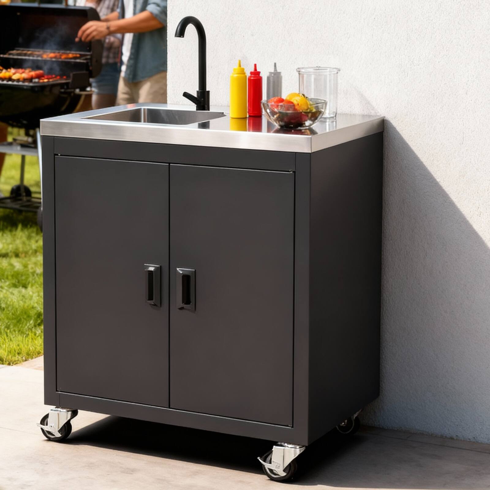 Alt View 4. Winado - Heavy Duty Commercial Mobile Commercial Utility Sink with Double Door Cabinet & Wheels for Restaurant Kitchen Prep Area - Silver & Black.