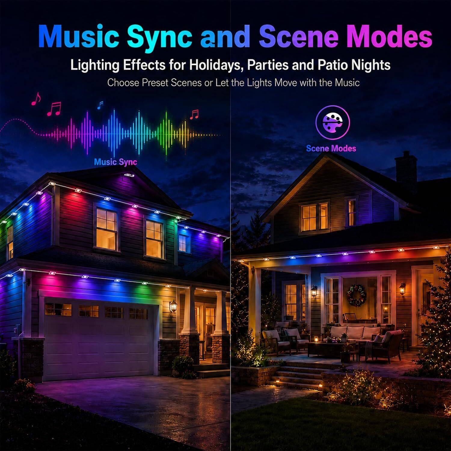 Music Sync and Scene Modes  
Lighting Effects for Holidays, Parties and Patio Nights  
Choose Preset Scenes or Let the Lights Move with the Music  

Music Sync  
Scene Modes