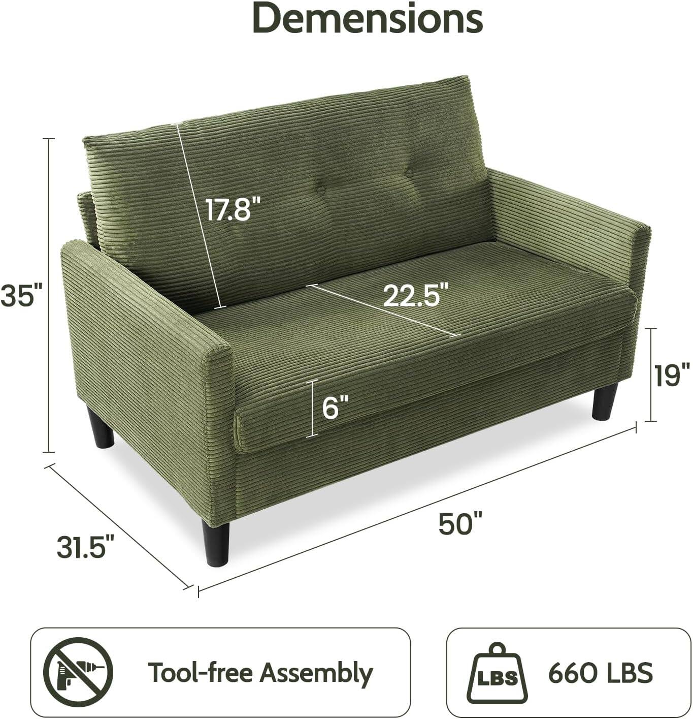 Dimensions:  
- Height: 35"  
- Width: 50"  
- Depth: 31.5"  
- Seat Height: 17.8"  
- Seat Depth: 22.5"  
- Armrest Height: 19"  
- Back Height: 6"  

Tool-free Assembly  
Weight Capacity: 660 LBS