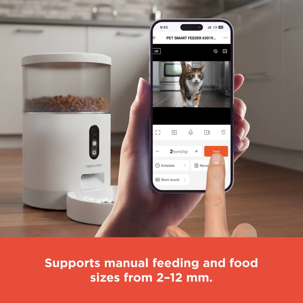 9:43  
LTE 8  
PET SMART FEEDER 63019...  
HD  
2 Num(20g) + Feed  
Schedule  
Record  
Short record  
Supports manual feeding and food sizes from 2-12 mm.