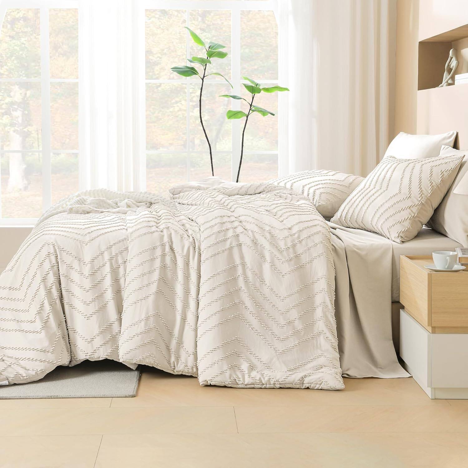 Alt View 1. FINEAK - Boho Tufted Comforter Set with Sheets - Bed in a Bag 7 Pieces - Beige King.
