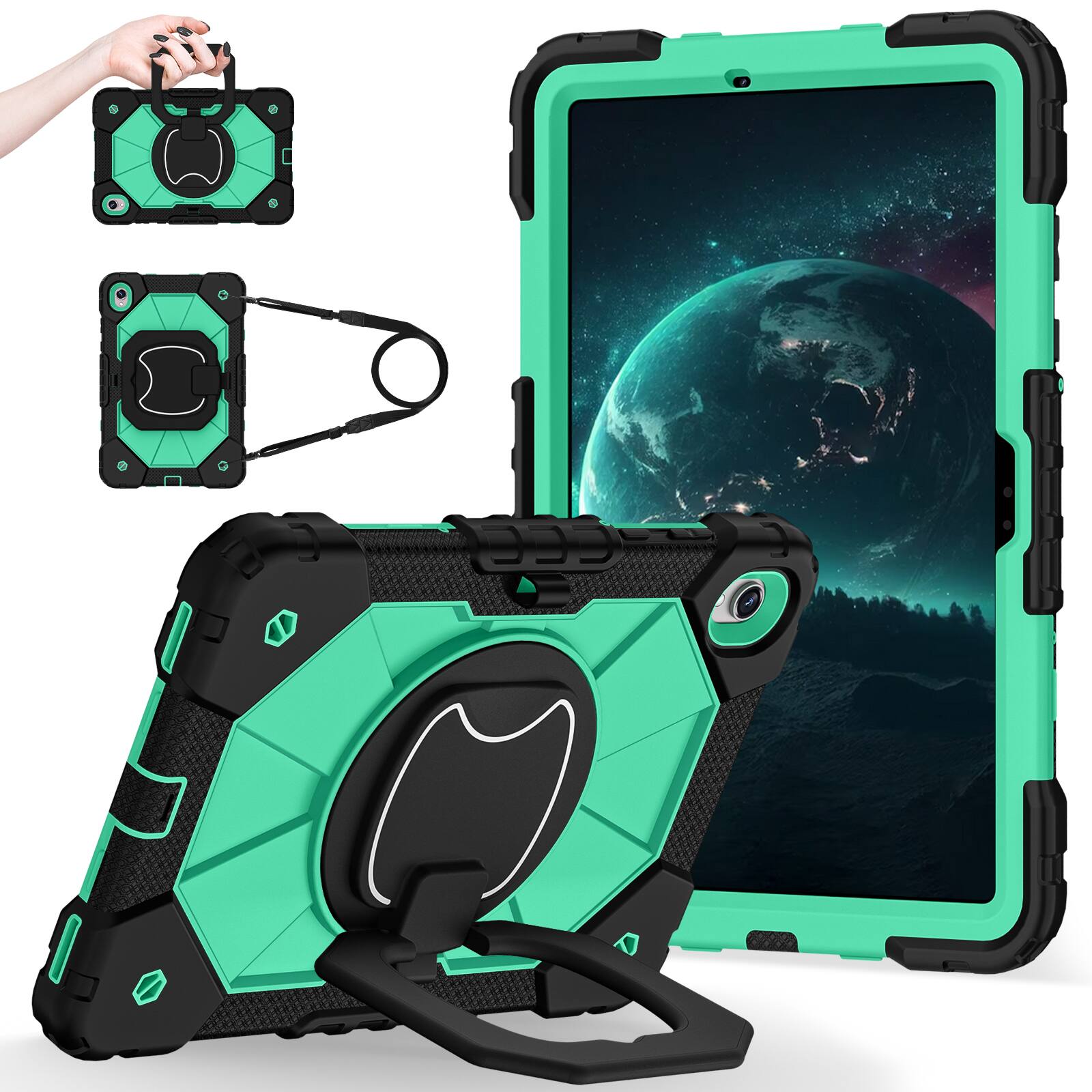 Angle. Dteck - Case for Samsung Galaxy Tab S11 2025 11-inch 3-Layer Rugged Kickstand Handle Grip Cover with Shoulder Strap - Black Mint.