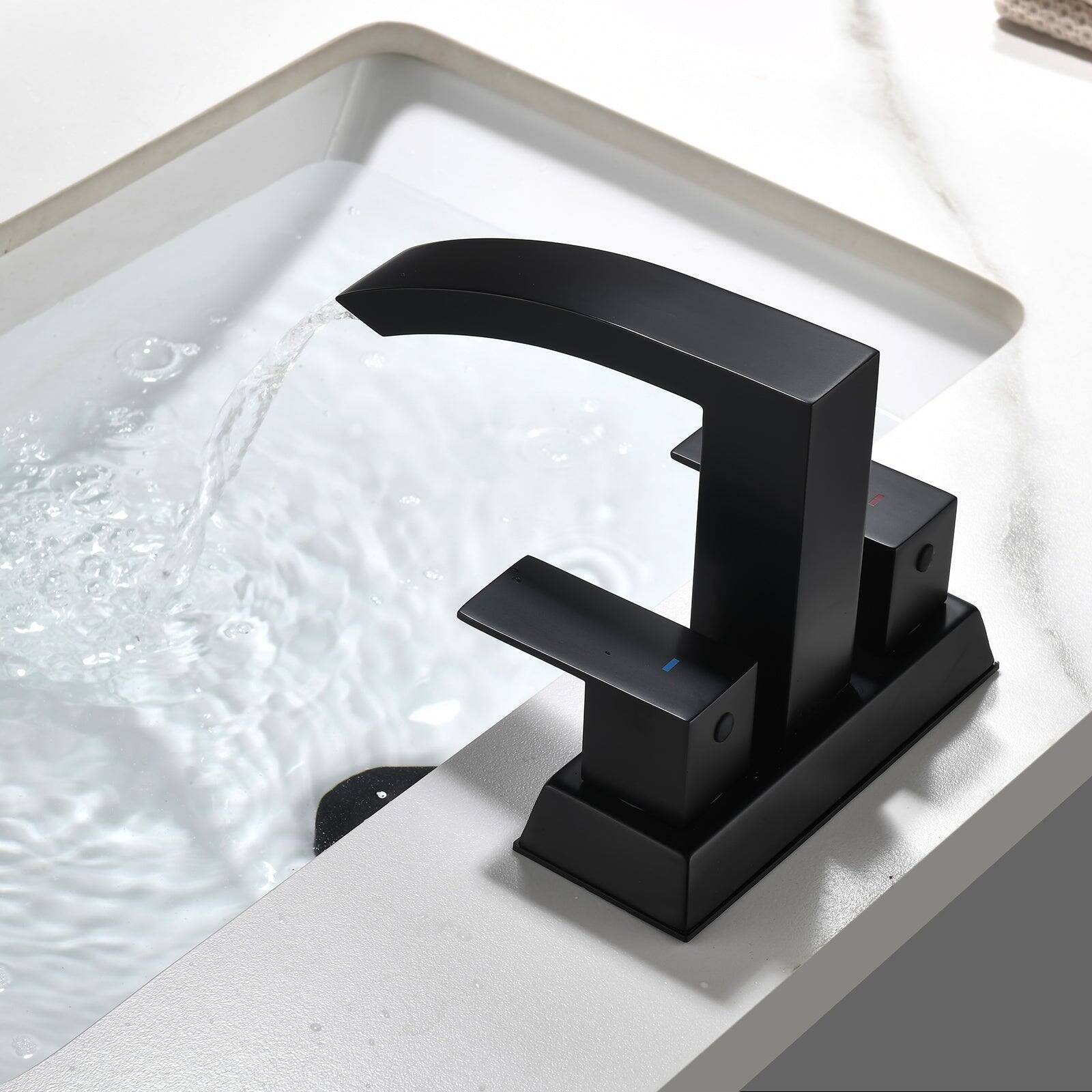 Alt View 4. Boyel Living - Black 4 Inch Centerset Faucet SUS304 Waterfall Spout 1.2GPM Dual Handle Pop Up Drain - Matte Black.