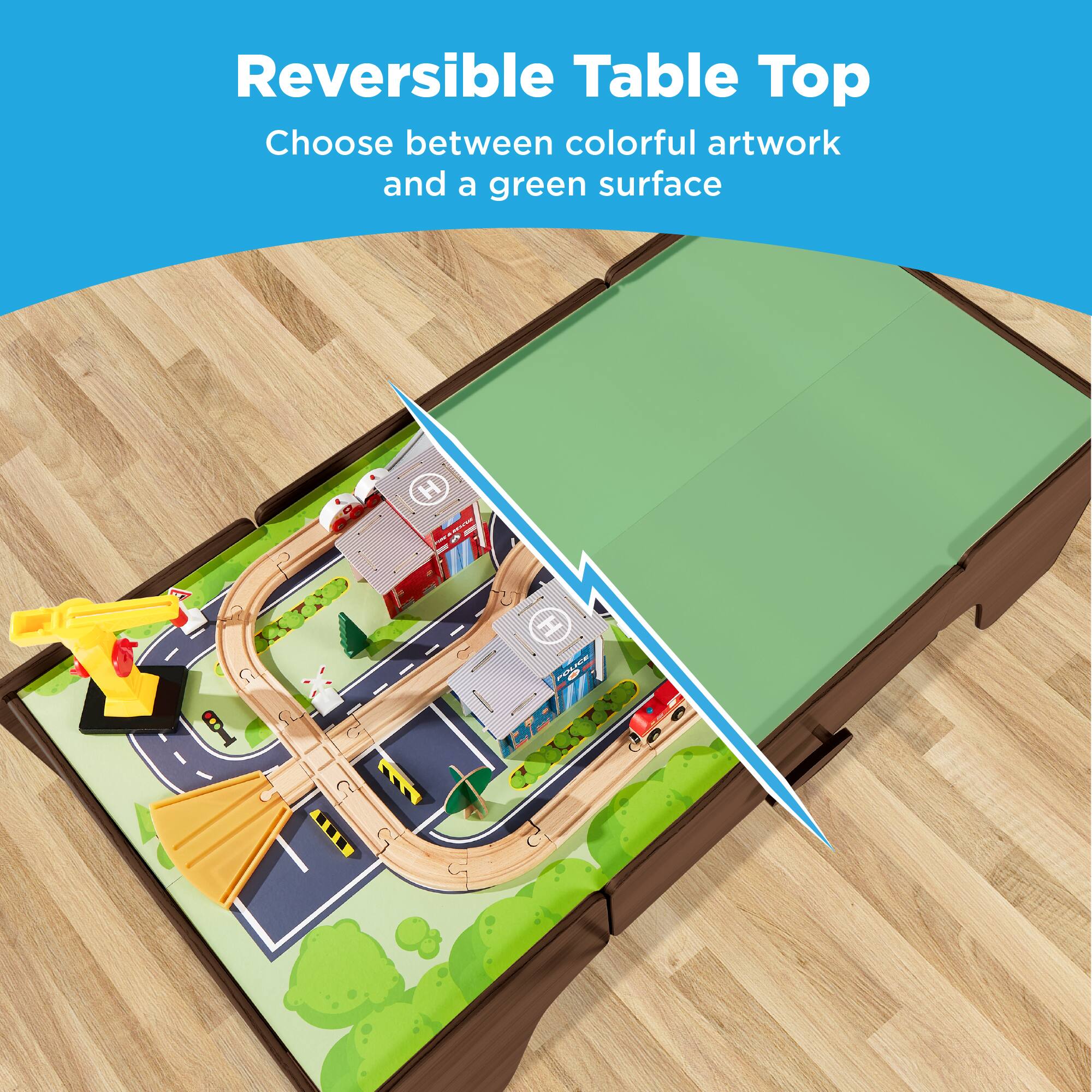 Reversible Table Top  
Choose between colorful artwork and a green surface