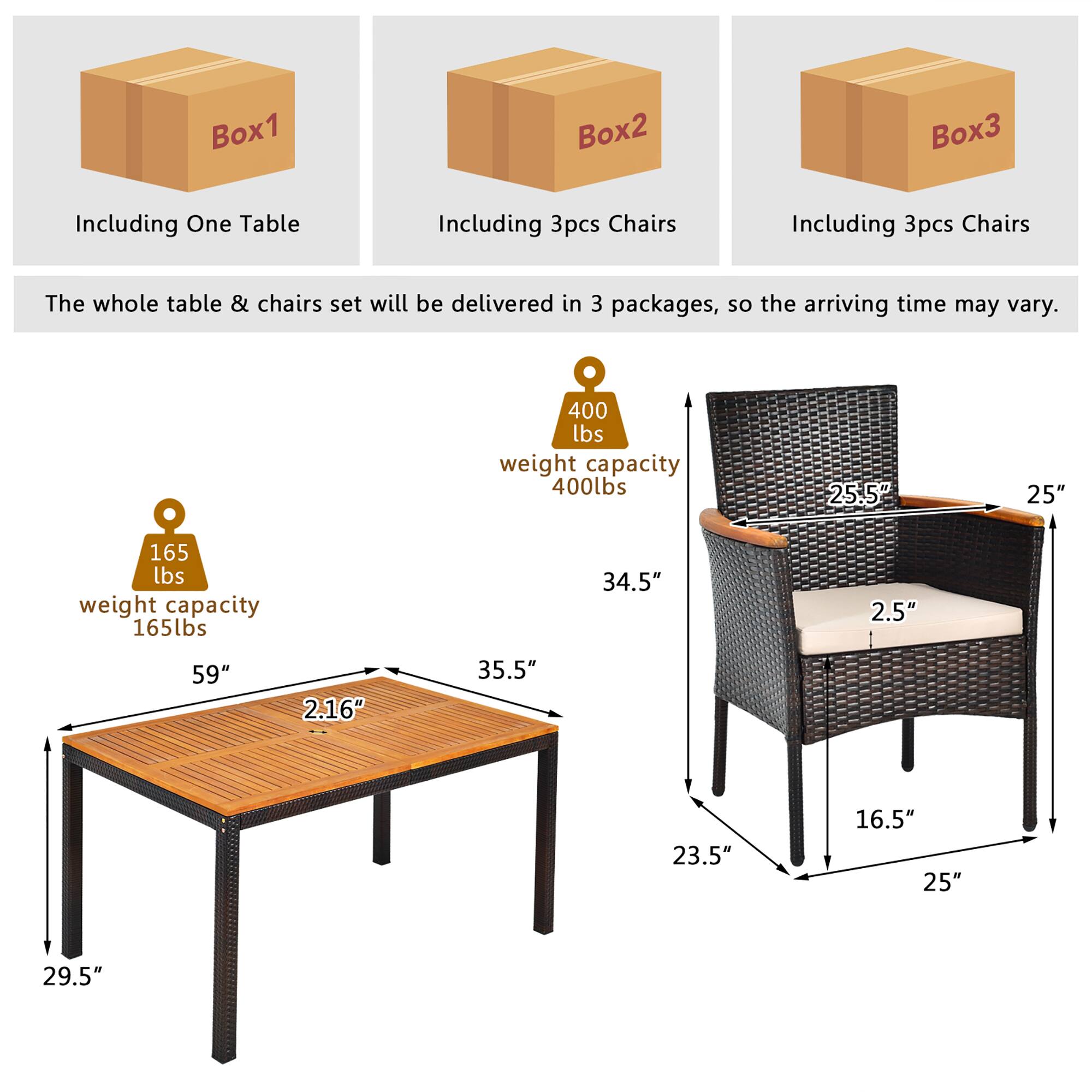 Box1: Including One Table
Box2: Including 3pcs Chairs
Box3: Including 3pcs Chairs
The whole table & chairs set will be delivered in 3 packages, so the arriving time may vary.
400 lbs weight capacity
400lbs
25.5"
25"
165 lbs weight capacity
165lbs
34.5"
2.5"
59"
2.16"
35.5"
23.5"
16.5"
25"
29.5"