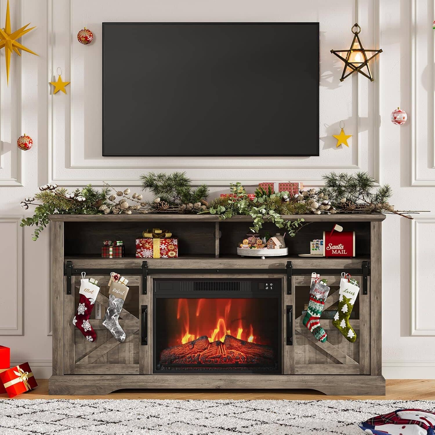 Acekool - Farmhouse Electric Fireplace TV Stand Entertainment Center for Living Room, Grey