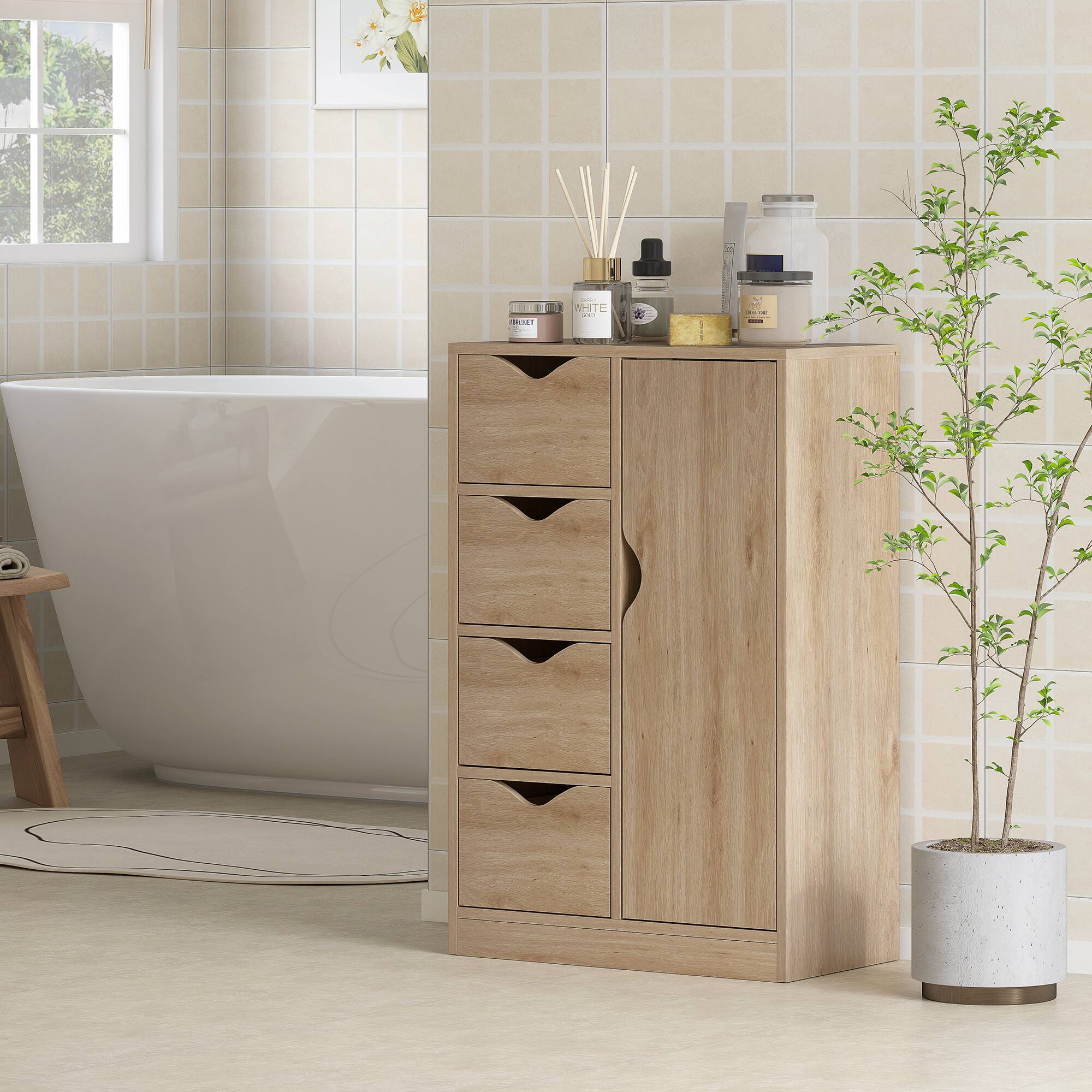 Alt View 2. Homcom - Freestanding Storage Cabinet, Bathroom Floor Cabinet with 4 Drawers and Door - Oak.