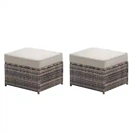 Yardgrace - 2-Piece All-Weather Rattan Patio Ottoman Set, Footstools with Removable Cushions for Garden Backyard Porch - Beige
