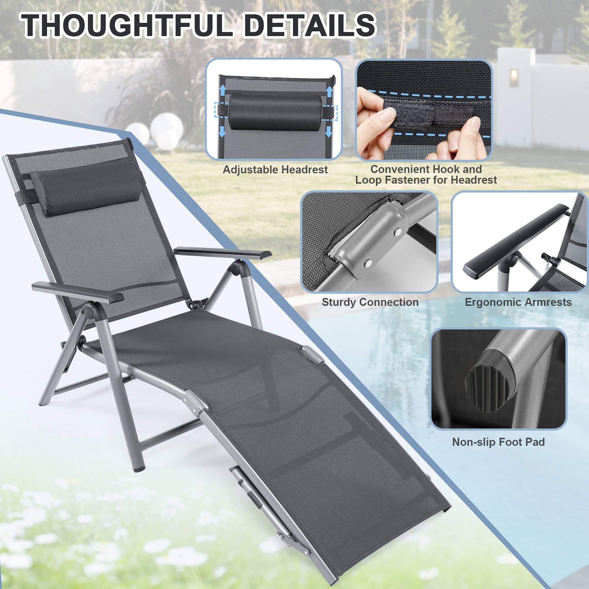 THOUGHTFUL DETAILS

Adjustable Headrest
Convenient Hook and Loop Fastener for Headrest
Sturdy Connection
Ergonomic Armrests
Non-slip Foot Pad