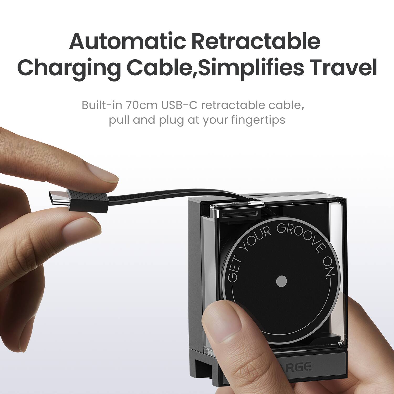 Automatic Retractable Charging Cable, Simplifies Travel. Built-in 70cm USB-C retractable cable, pull and plug at your fingertips. Get Your Groove On.