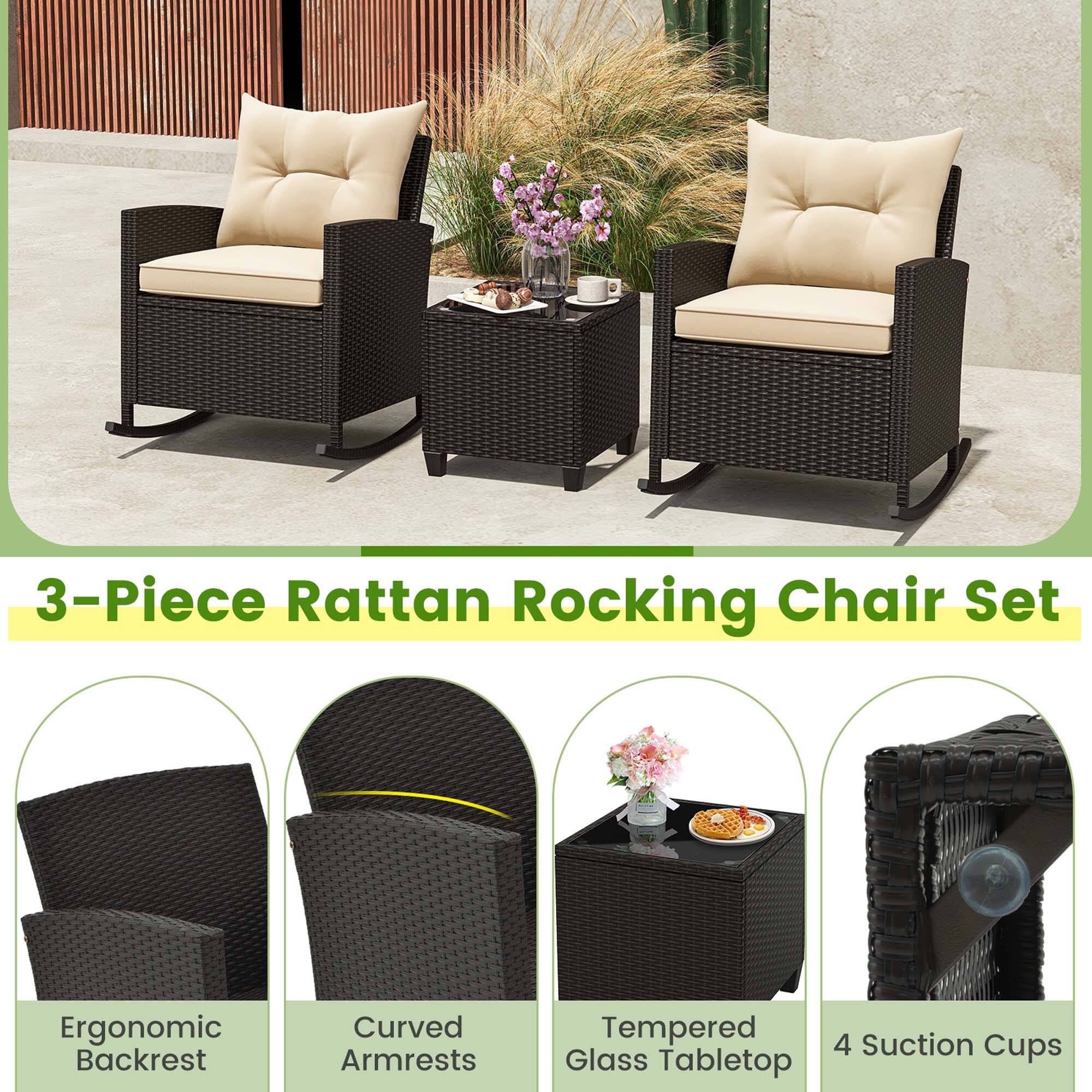 The text on the image reads: "3-Piece Rattan Rocking Chair Set Ergonomic Backrest Curved Armrests Tempered 4 Suction Glass Tabletop Cups."