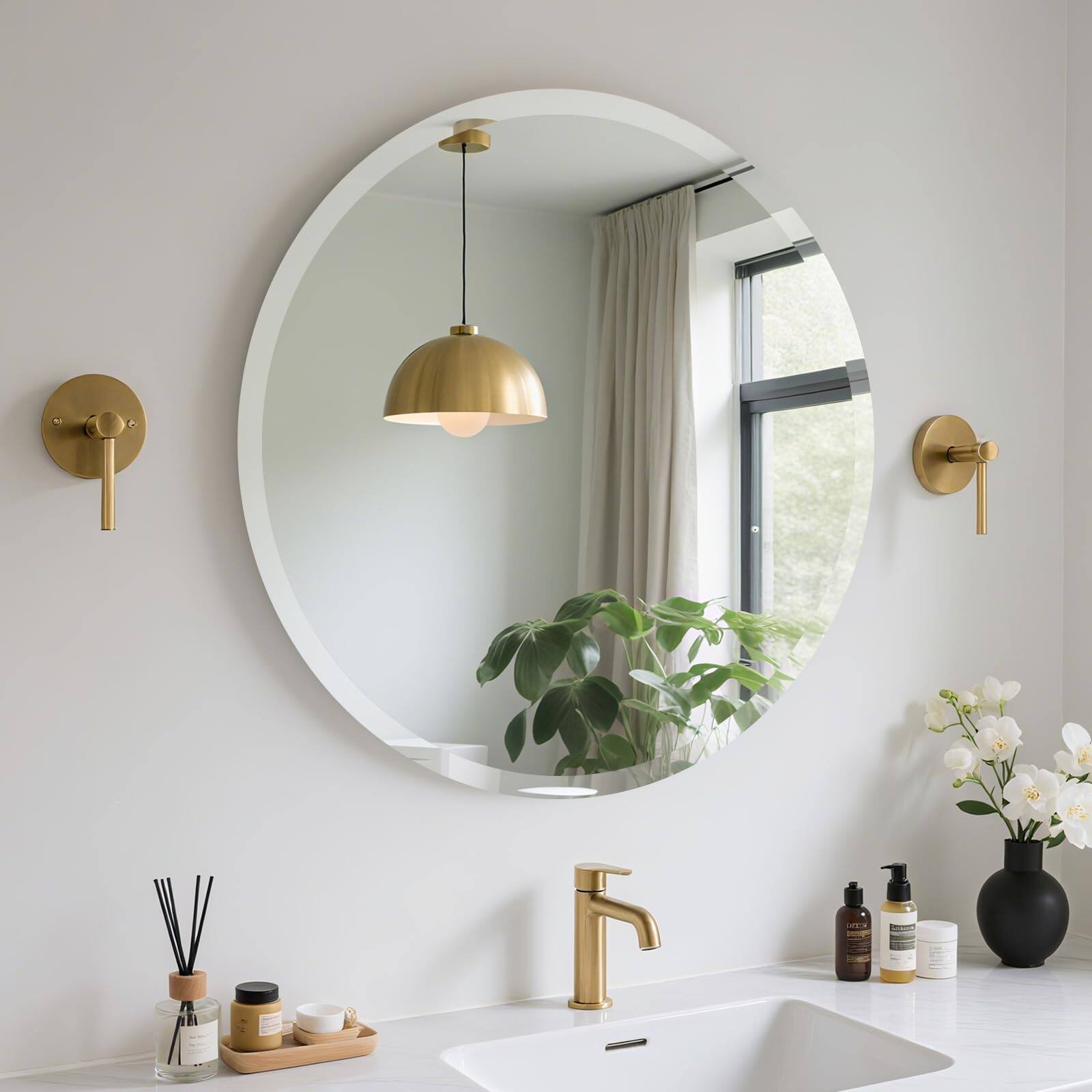 Comfort Essence - Frameless Round Mirror Circle With 1" Beveled Edge Bathroom For Wall Vanity Bedroom Living Room 【Safe - 28"L x 28"W