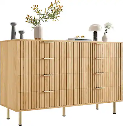 Front. Homhougo - Modern 8-Drawer Wooden Dresser, 55" Wide Chest with Metal Handles and Anti-Tip Design, Bedroom Storage, Natural - Natural.