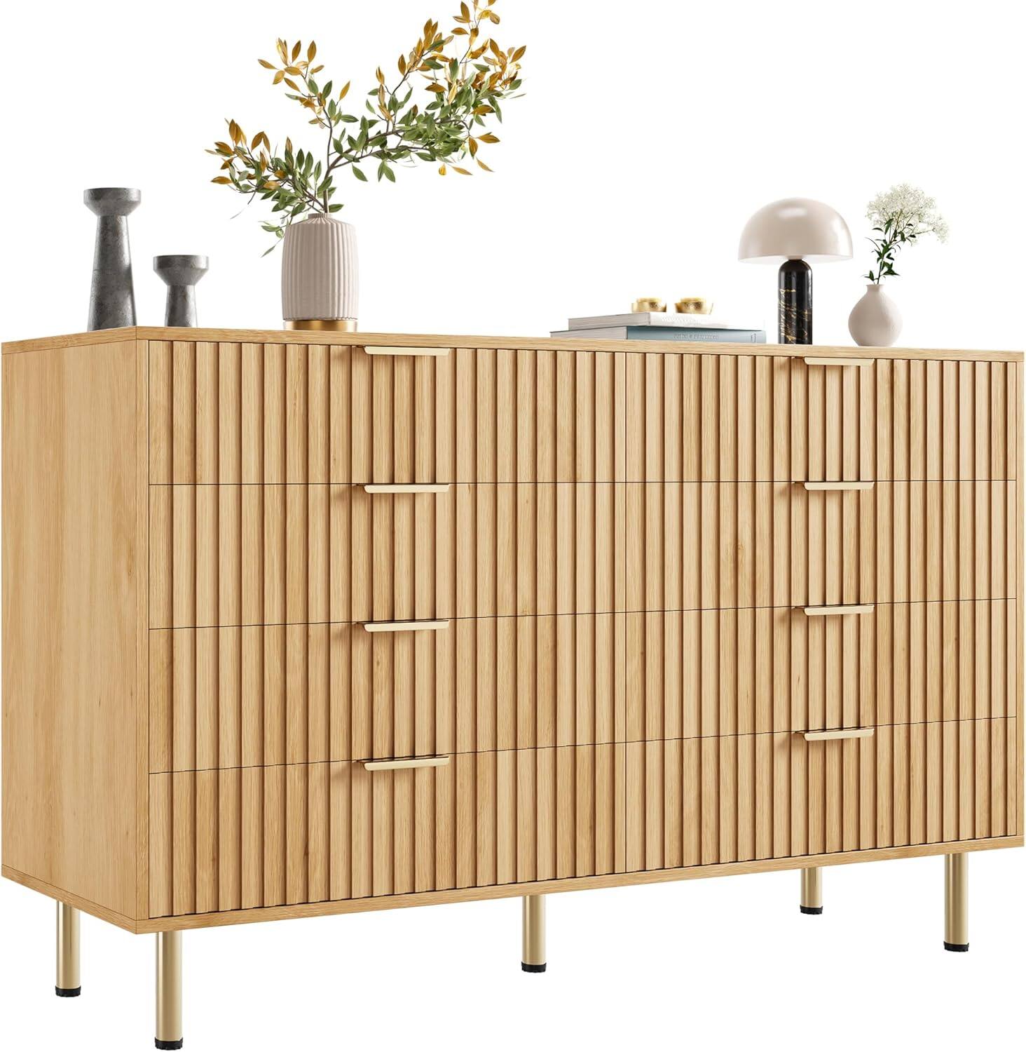 Front. Homhougo - Modern 8-Drawer Wooden Dresser, 55" Wide Chest with Metal Handles and Anti-Tip Design, Bedroom Storage, Natural - Natural.