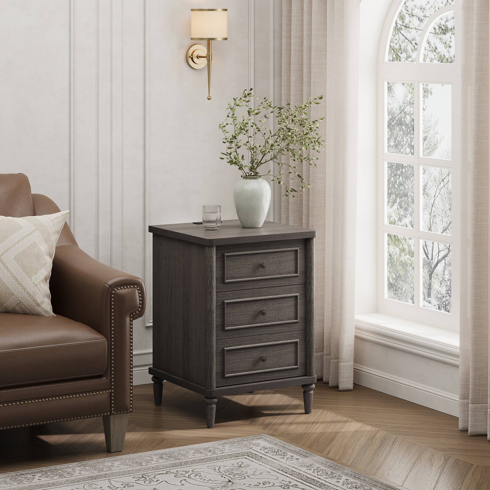 Angle. Bestier - Farmhouse Mid-Century Nightstand with Charging Station, Solid Wood Gourd Legs, Rounded Corners, USB & USB-C Ports - Charcoal stained Ash.