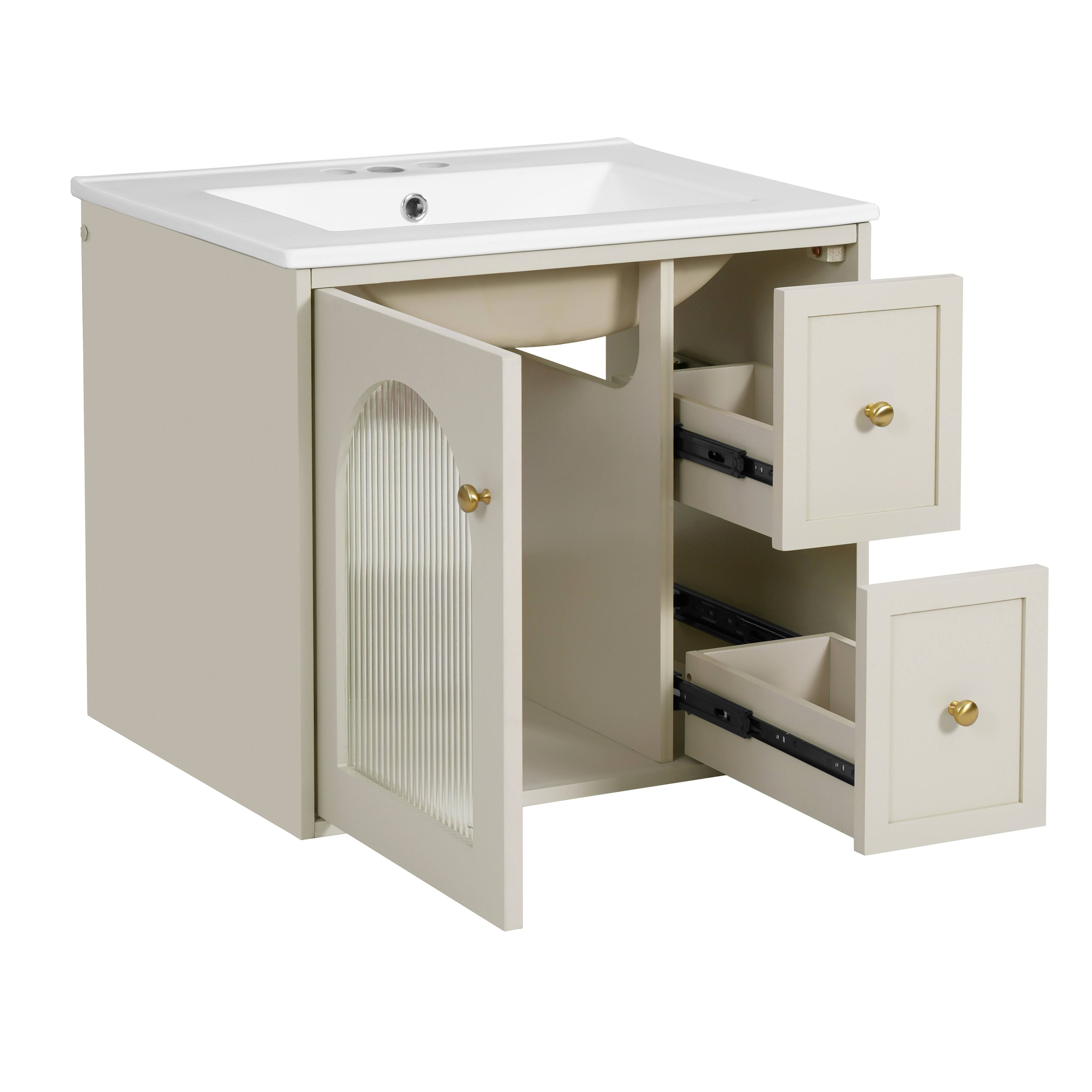 Alt View 10. Boyel Living - 24 Inch Wall Mounted Bathroom Vanity with Ceramic Sink Two Drawers One Door Beige - Off-white.