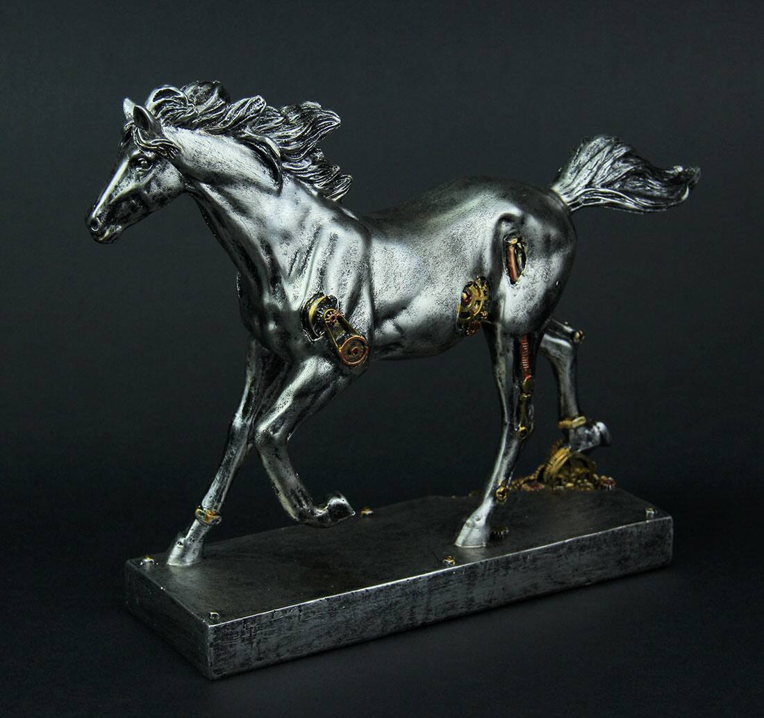 Alt View 1. Zeckos - Steam Stallion Metallic Silver Running Steampunk Horse Statue - Silver.