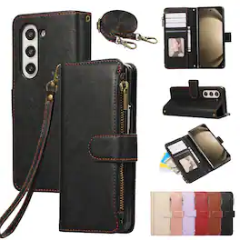 Dteck - Crossbody Wallet Case for Samsung Galaxy Z Fold7 with Zipper Pocket, Premium Shockproof PU Leather TPU Protective Cover - Black