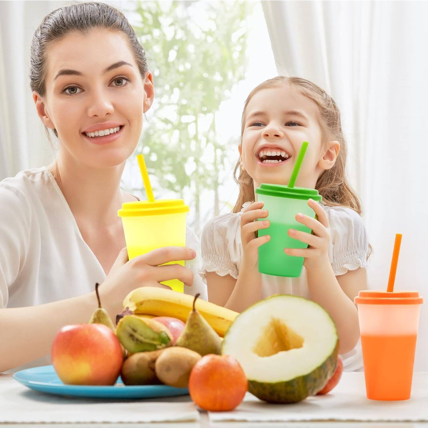 Back. PARKER SLATER - 10-pack 12oz color changing plastic tumblers with lids and straws, reusable leak-proof party cups for kids' drinks. - Multicolor.