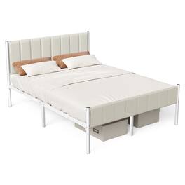 Songmics Home - Queen Bed Frame with Upholstered Headboard, Metal Bed Frame Queen Size with Footboard, 1100 lb Weight Capacity - Cappuccino Beige