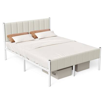 Front. Songmics Home - Queen Bed Frame with Upholstered Headboard, Metal Bed Frame Queen Size with Footboard, 1100 lb Weight Capacity - Cappuccino Beige.