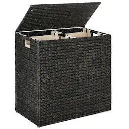 Best Choice Products - Large Natural Water Hyacinth Double Laundry Hamper Basket w/ 2 Liner Bags, Handles - Black