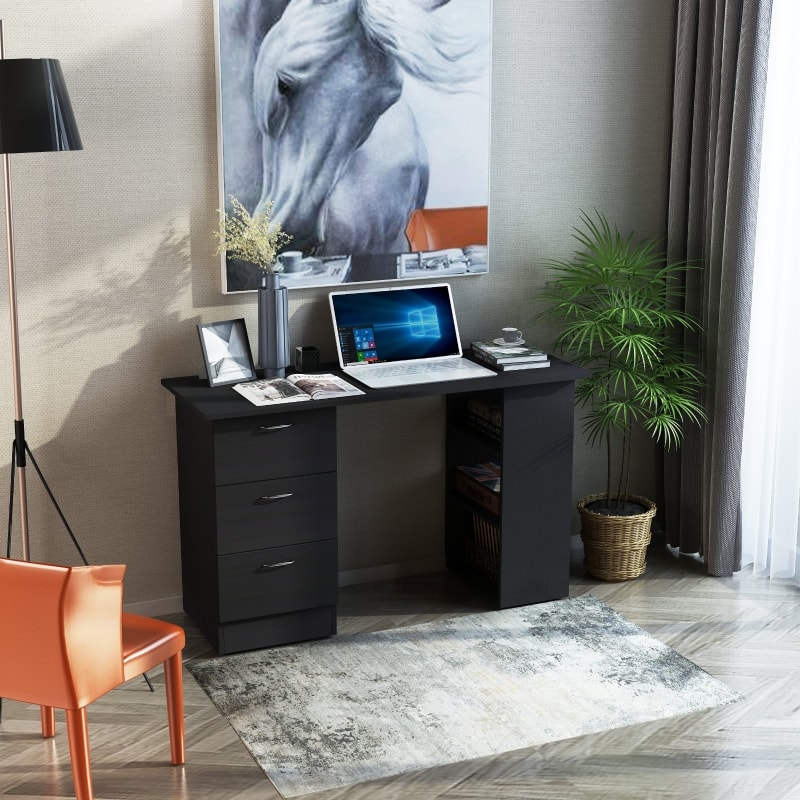 Anysun - 47" Computer Desk with Bookcase, 3 Drawers & Storage Shelves, Space-Saving Workstation for Home Office - Black