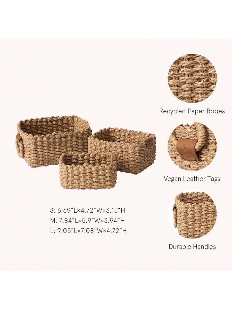 Recycled Paper Ropes  
Vegan Leather Tags  
Durable Handles  

S: 6.69"Lx4.72"Wx3.15"H  
M: 7.84"Lx5.9"Wx3.94"H  
L: 9.05"Lx7.08"Wx4.72"H
