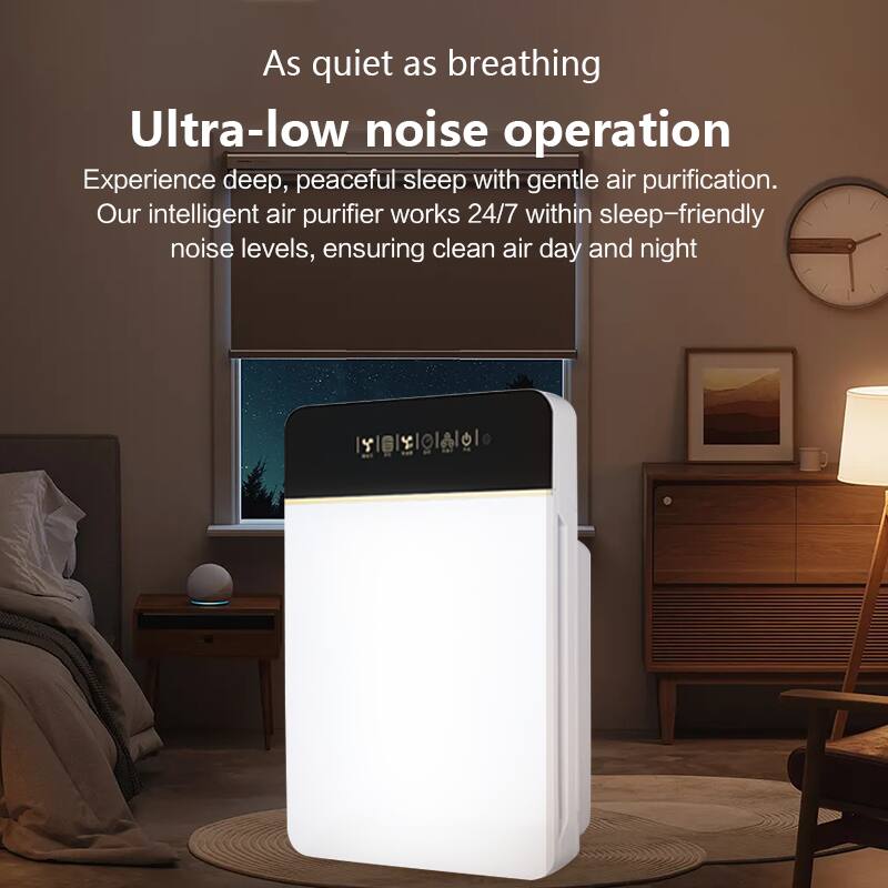 As quiet as breathing  
Ultra-low noise operation  
Experience deep, peaceful sleep with gentle air purification.  
Our intelligent air purifier works 24/7 within sleep-friendly noise levels, ensuring clean air day and night.