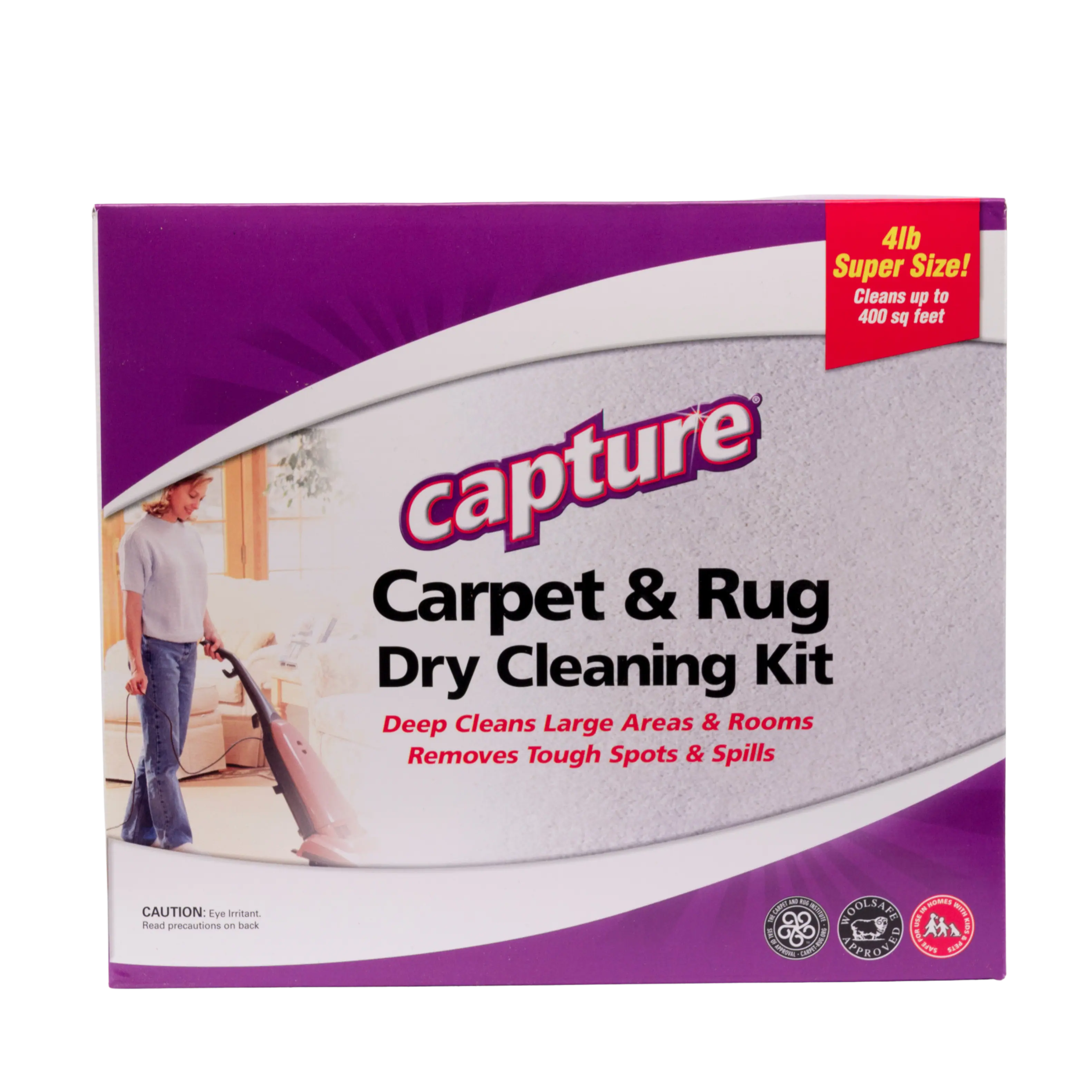 4lb Super Size!  
Cleans up to 400 sq feet  

Capture  
Carpet & Rug Dry Cleaning Kit  

Deep Cleans Large Areas & Rooms  
Removes Tough Spots & Spills  

CAUTION: Eye Irritant. Read precautions on back  

Ecolabel  
Proven