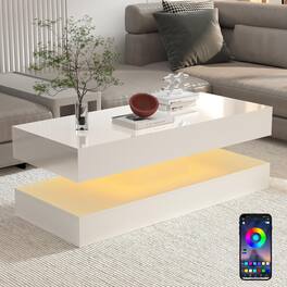 Espafurni - 47.3in Large High - Gloss LED Coffee Table - 2 Storage Drawers, APP - Controlled Lights, Modern for Living Room - White