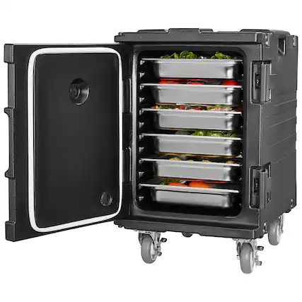 Front. VEVOR - Insulated Food Pan Carrier, 95 Qt Hot Box for Catering, Food Box Carrier with Buckle, Front Loading Food Warmer - Black.