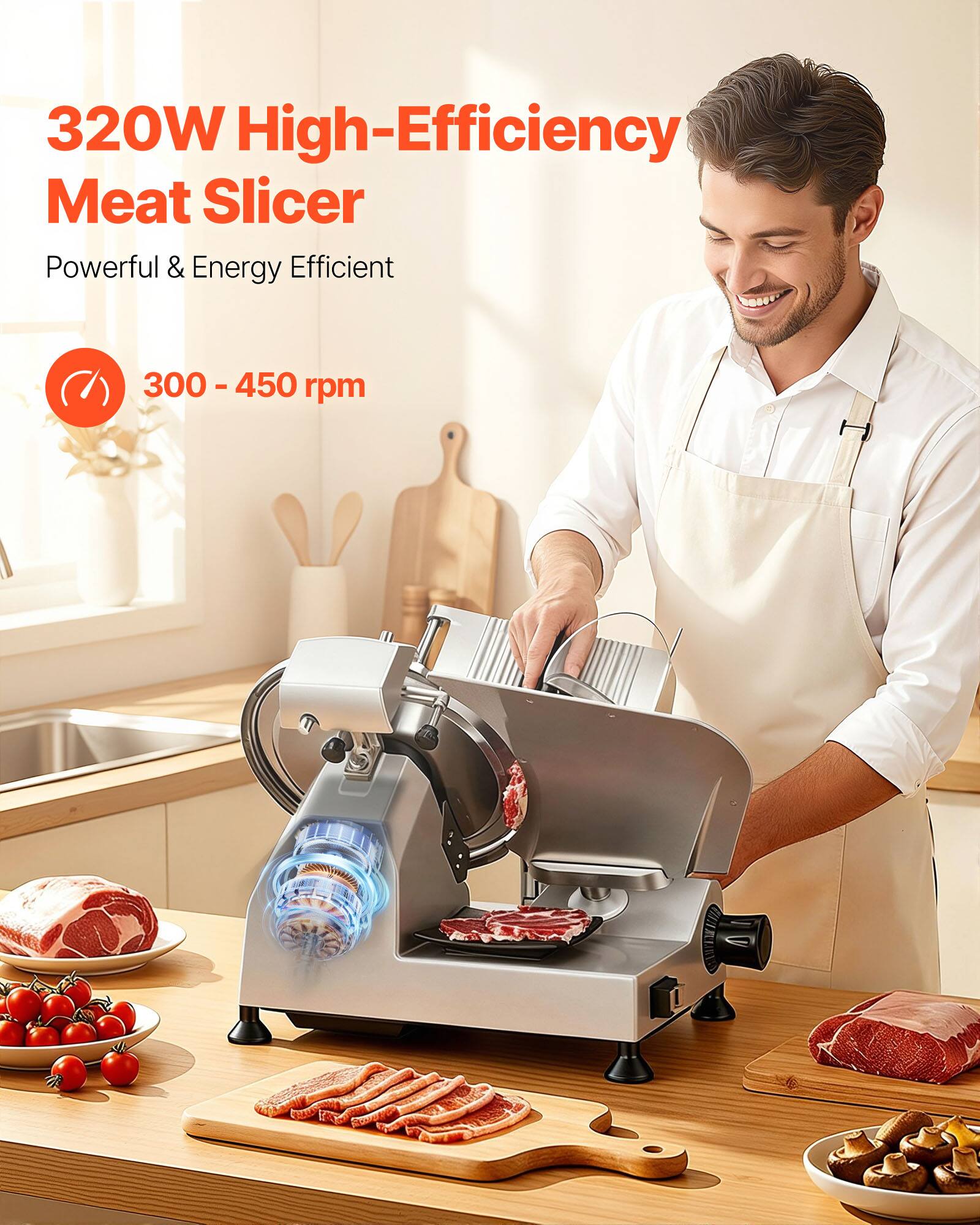 320W High-Efficiency Meat Slicer  
Powerful & Energy Efficient  
300 - 450 rpm