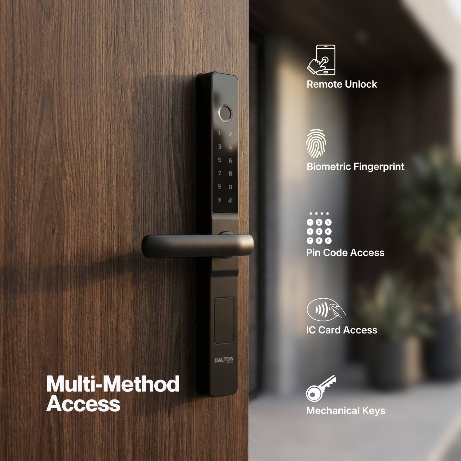 Remote Unlock  
1 5 7 *  
2 4 6 0  
Biometric Fingerprint .... 1 2 1 4 5 6  
Pin Code Access  
IC Card Access  
DALTON Multi-Method Access  
Mechanical Keys