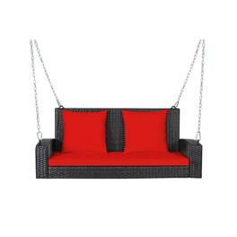 Pefilos - 2-Prson Patio Rattan Porch Swing with Cushions, Wickr Porch Swing with 2 Back Cushions and 1 Sat Cushion, Hanging Swing - Red
